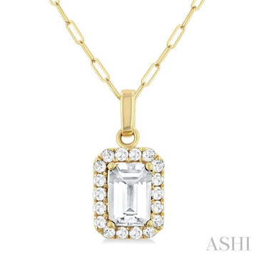6x4 MM Octagonal Shape White Topaz and 1/6 Ctw Round Cut Diamond Halo Semi-Precious Pendant with Chain in 10K Yellow Gold